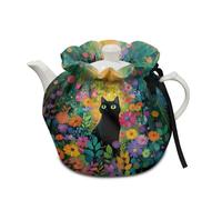Poceacles Tea Cozy for Teapot Small Tea Cosies, Kitchen Kettle Dust Cover Cloth for Breakfast Pot Coffee Pot Protector Tabletop Decorations, Black Cat Colorful Daisy Floral