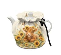 Poceacles Tea Pot Cover Tea Cosy for Large Teapot Kitchen Kettle Dust Cover with Cotton Pad Machine Washable, Cute Highland Cow Sunflower Butterfly Beige