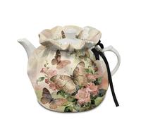 Poceacles Tea Pot Cover Tea Cosy for Large Teapot Kitchen Kettle Dust Cover with Cotton Pad Machine Washable, Vintage Flower Butterfly Beige Pink