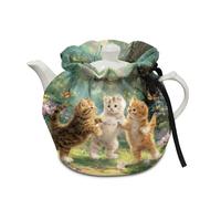 Poceacles Tea Pot Cover Tea Cosy for Large Teapot Kitchen Kettle Dust Cover with Cotton Pad Machine Washable, Cat Butterfly Forest Flower Green