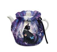 Poceacles Teapot Dust Cover Tea Cosy for Teapots Decorative Tea Kettle Cover with Insulation Pad Keep Breakfast Warm for Kitchen Home Table Top, Black Cat Butterfly Violet Floral