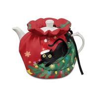 Poceacles Teapot Dust Cover Tea Cosy for Teapots Decorative Tea Kettle Cover with Insulation Pad Keep Breakfast Warm for Kitchen Home Table Top, Black Cat Christmas Snowflake Tree Red