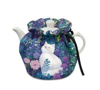 Poceacles Teapot Insulation Cover Tea Kettle Cover Tea Cosy Kitchen Teapot Cloth Decorative Teapot Cosy Teakettle Tote Bag Washable Fabric, White Cat Daisy Leaf Green