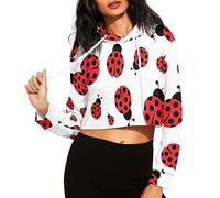 Poceacles White Ladybird Print Sweatshirt Women's Long Sleeve Drop Shoulder Drawstring Crop Hoodie Plus Size Pullover Workout Crop Tops Sweatshirts Clothes, S-M