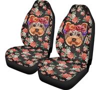 Poceacles Yorkshire Terrier Floral Blossoms Pattern Front Saddle Blanket Car Seat Covers Cushion Protector 2pcs for Car SUV Van Trucks Auto Seat Cover, Easy to Install