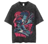 pochikiki- Cowboy Anime Bebop T-Shirt Men Hip Hop Streetwear Faye Valentine Spike Spiegel Tshirt Washed Black Vintage T-Shirt