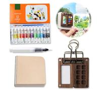 Pocket Artist Mini Watercolour Travel Set, Mini Watercolour Paint Set Travel With Wooden Portable Paint Palette Sketchbook Metal Clip For Painters Artists Students (8 Grid)
