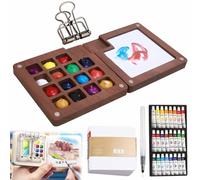 Pocket Artist Watercolor Travel Set,Mini Watercolor Paint Set,Sketchbook Palette Pocket Travel Paint Tray Box with Metal Clip,Watercolor Pen,for Painters Students (Wood,15 grids,24 colors)