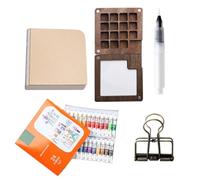Pocket Artist Watercolour Travel Set, Portable Palette, 15 Grids Mini Portable Wood Palette Box, Mini Watercolour Paint Set Travel, Pocket Watercolour Paint Set with Metal Clip, Watercolor Pen