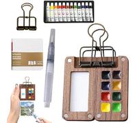 Pocket Artist Wooden Watercolour Travel Set With 8 Grids, Portable Mini Watercolour Paint Set, Watercolor Pen, Mini Sketchbook Gift For Painters And Artists