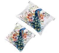 Pocket Cosmetic Bag Squeeze Top, Aesthetic Peacock with Feathers Floral Waterproof Travel Makeup Bag for Purse, Portable Mini Makeup Pouch No Zipper for Women