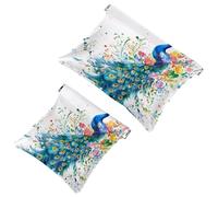 Pocket Cosmetic Bag Squeeze Top, Aesthetic Peacock with Watercolor Feathers Flowers Waterproof Travel Makeup Bag for Purse, Portable Mini Makeup Pouch No Zipper for Women