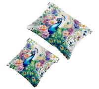 Pocket Cosmetic Bag Squeeze Top, Aesthetic Peacock with Watercolor Flowers Waterproof Travel Makeup Bag for Purse, Portable Mini Makeup Pouch No Zipper for Women