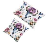 Pocket Cosmetic Bag Squeeze Top, Bull Skull with a Peony Flower and Colorful Butterflies Waterproof Travel Makeup Bag for Purse, Portable Mini Makeup Pouch No Zipper for Women