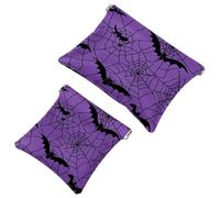 Pocket Cosmetic Bag Squeeze Top, Halloween Spider Spider Web and Bat Purple Background Waterproof Travel Makeup Bag for Purse, Portable Mini Makeup Pouch No Zipper for Women