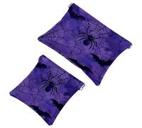 Pocket Cosmetic Bag Squeeze Top, Halloween Spider Web and Bat on Purple Background Waterproof Travel Makeup Bag for Purse, Portable Mini Makeup Pouch No Zipper for Women