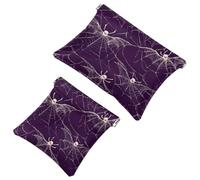 Pocket Cosmetic Bag Squeeze Top, Halloween Spider Web and Bat Purple Pattern Waterproof Travel Makeup Bag for Purse, Portable Mini Makeup Pouch No Zipper for Women