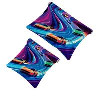 Pocket Cosmetic Bag Squeeze Top, Race Cars on Bright The Racing Track Waterproof Travel Makeup Bag for Purse, Portable Mini Makeup Pouch No Zipper for Women