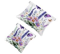 Pocket Cosmetic Bag Squeeze Top, Wildflowers Purple Bluebell Sage Chamomile with Butterflies Waterproof Travel Makeup Bag for Purse, Portable Mini Makeup Pouch No Zipper for Women