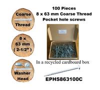 Pocket Hole Screws For Softwoods, 63mm Long, Pack Of 100, Coarse Self-Cutting Threaded Square Drive, Ephs863100C, Eph Woodworking