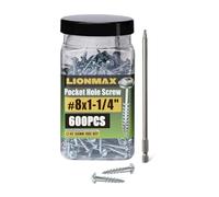 Pocket Hole Screws, LIONMAX Wood Screws #8 x 1-1/4" 600PCS Washer Head with Coarse Thread, Square Drive Self Tapping, for Indoor Use, Zinc Plated, 150MM Drive Bit Included