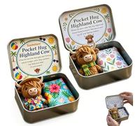 Pocket Hug Highland Cow Gift Set, Soft Mini Plush Cow with Tin Box & Card, Emotional Support Highland Cows Pocket Hug Token, Portable for Valentines Birthday Long Distance Relationships (mix)