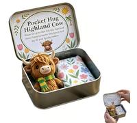 Pocket Hug Highland Cow Gift Set, Soft Mini Plush Cow with Tin Box & Card, Emotional Support Highland Cows Pocket Hug Token, Portable for Valentines Birthday Long Distance Relationships (#A)