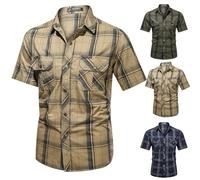 Pocket T Shirts for Men Western Chambray Cargo Shirt Short Sleeve Button Plaid Pearl Snap Lapel Dress Tops for Work Camiseta para Hombre(Blue, XXXXL)