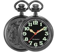 Pocket Watch Alloy Hand Wind Mechanical Pocket Watches Men Arabic Numerals Steampunk with Chain&Box, 09-Black