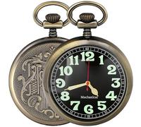 Pocket Watch Alloy Hand Wind Mechanical Pocket Watches Men Arabic Numerals Steampunk with Chain&Box, 09-Bronze