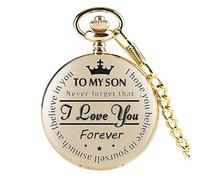 Pocket Watch and Chain,Pocket Watch - Never Forget That, I Love You, Forever-from a Dad/Mom to a Son/Gift Quartz Pocket Watch Black Clip Chains Birthday Anniversary (Color : Gold)