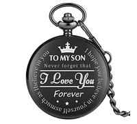 Pocket Watch and Chain,Pocket Watch - Never Forget That, I Love You, Forever-from a Dad/Mom to a Son/Gift Quartz Pocket Watch Black Clip Chains Birthday Anniversary (Color : Black)