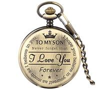 Pocket Watch and Chain,Pocket Watch - Never Forget That, I Love You, Forever-from a Dad/Mom to a Son/Gift Quartz Pocket Watch Black Clip Chains Birthday Anniversary (Color : Bronze)