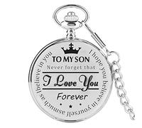 Pocket Watch and Chain,Pocket Watch - Never Forget That, I Love You, Forever-from a Dad/Mom to a Son/Gift Quartz Pocket Watch Black Clip Chains Birthday Anniversary (Color : Silver)