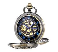 Pocket Watch Antique Dragon Mechanical Skeleton SIBOSUN Double Cover with Chain Men - Bronze Blue