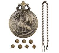Pocket Watch Case for Dice with Medium Number - Steampunk Accessories in Dragon Design, Engraved Pocket Watch Case with Complete Dice Set | Role Play Board Game Accessories for Halloween Cosplay