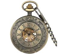 Pocket Watch Classic Roman Numeral Cover Design Mechanical Pocket Watch Vintage Bronze Arabic Numbers Dial Retro Pendant Clock Chain Gift for Birthday Fathers Day (Only Watch)