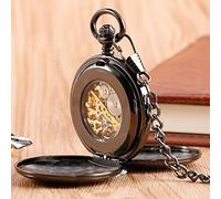 Pocket Watch Cool Black Double Hunter Design Mechanical Pocket Watches Roman Number Skeleton Dial Watch with Chain Gift for Birthday Christmas Fathers Day