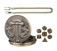 Pocket Watch Dice Set, Unique Dragon Metal Polyhedral with Vintage Pocket Watch Case, Compact Gothic RPG Board Game Accessories for Tabletop, Bronze, Silver