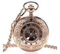 Pocket Watch Retro Pocket Watch,Unique Rose Gold Roman Numeral Display Mechanical Hand Windtransparent Skeleton Pendant Clock Vintage Fashion Item