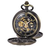Pocket Watch Skeleton Mechanical Double Case Hand-Wind SIBOSUN Bronze Roman Numerals Antique Chain Box