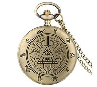Pocket Watch ,Vintage Watch ,Quartz Watch Eye of Providence Weird Town Triangle Devil Quartz Pocket Watch Gravity Bill Cipher Fall Time Gem Necklace Pendant,Black (Color : Bronze)