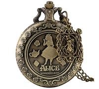 Pocket Watch ，Vintage Watch ，Quartz Watch Retro Bronze Dream Alice in Wonderland Rabbit Poker Quartz Pocket Watch Chain Necklace Pendant for Girl Women,Carousel Accessory (Color : with Crutch Rabbit