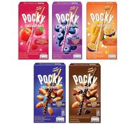 Pocky Crushed Fruits & Nuts Variety Pack - 5 Flavors (Blueberry Yoghurt, Almond Noir Chocolate, Almond Milk Chocolate, Passion Fruit & Mango Yoghurt, Strawberry Peach Yoghurt) | Japanese Biscuit