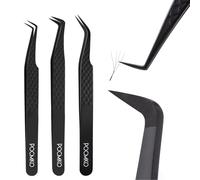 POCMKO Lash Tweezers for Eyelash Extension - Professional & Precision Fiber Tip Grip Eyelash Tweezers for Lash Extensions, Fiber Tip Tweezer Kit for Individual Classic and Volume Lashes (Black)