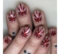 Pocoiau false nails, Christmas Press On Nails Glossy Silver Glitters Short Oval False Nails With Bows And Ribbon Designs 24Pcs Stick on Nails