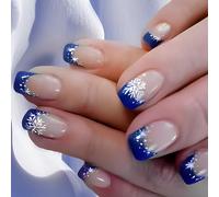 Pocoiau false nails, Christmas Press on Nails Short Square False Nails Glossy French Tip Winter Stick on Nails for Women Manicure Decoration