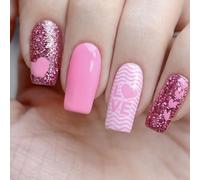 Pocoiau false nails, Valentines Day Press On Nails Mediums False Nails Love Heart Artificial Nails Glittering Full Covers Stick on Nails