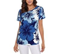 POCUK Blue Hibiscus Women's Short-Sleeve T Shirts Classic-Fit Summer Round Neck Tops
