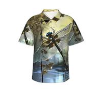 POCUK Dragonflies Mens Hawaiian Short Sleeve Shirt Summer Cool Daily Wear Beach Outdoor Black